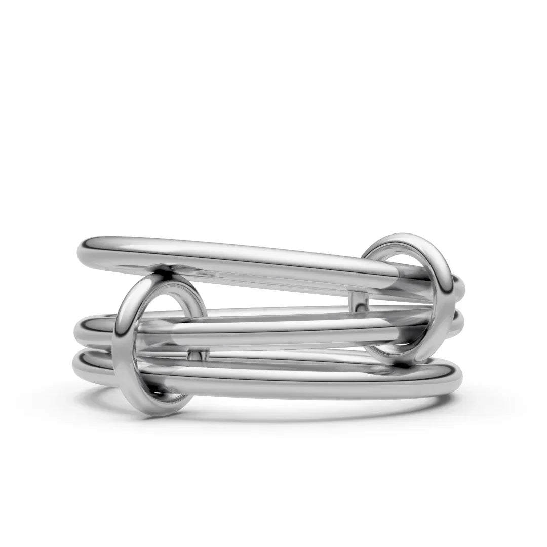 Modern minimalist silver ring with three interlocking bands, custom jewelry design