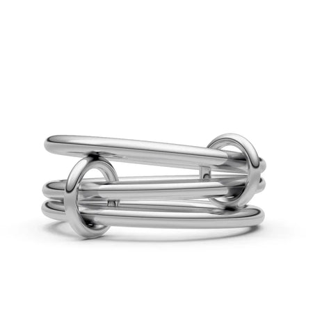 Modern minimalist silver ring with three interlocking bands, custom jewelry design