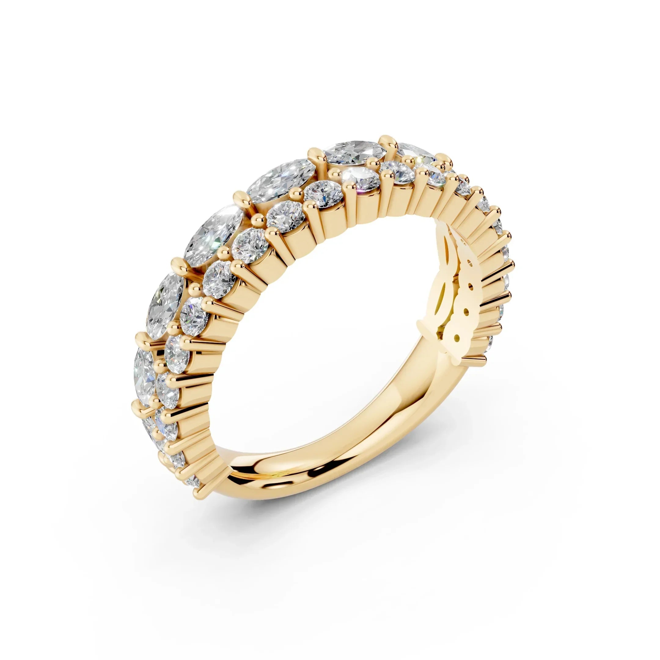 Gold diamond eternity band with oval and round-cut stones on white background