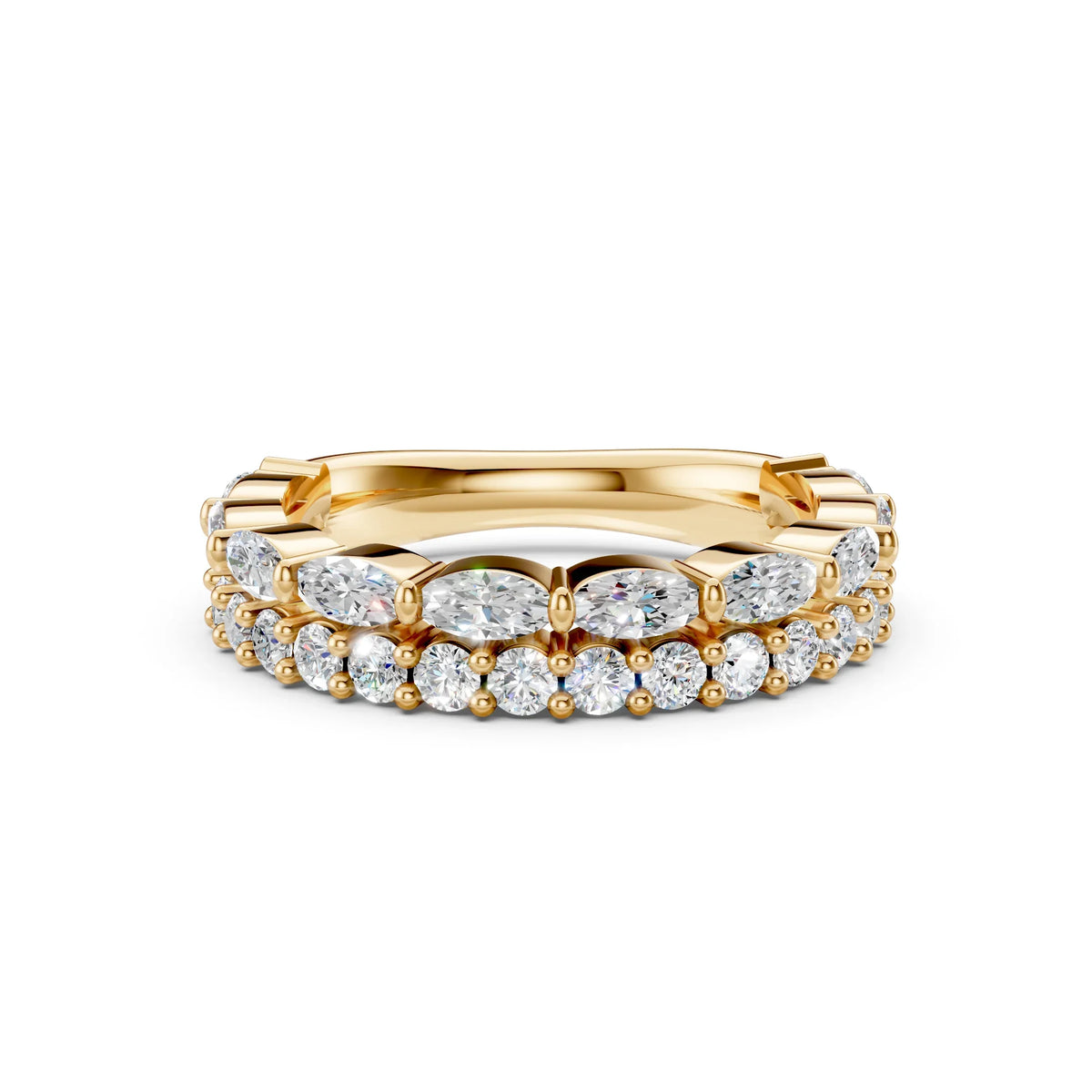 Gold eternity band with oval and round-cut diamonds on white background