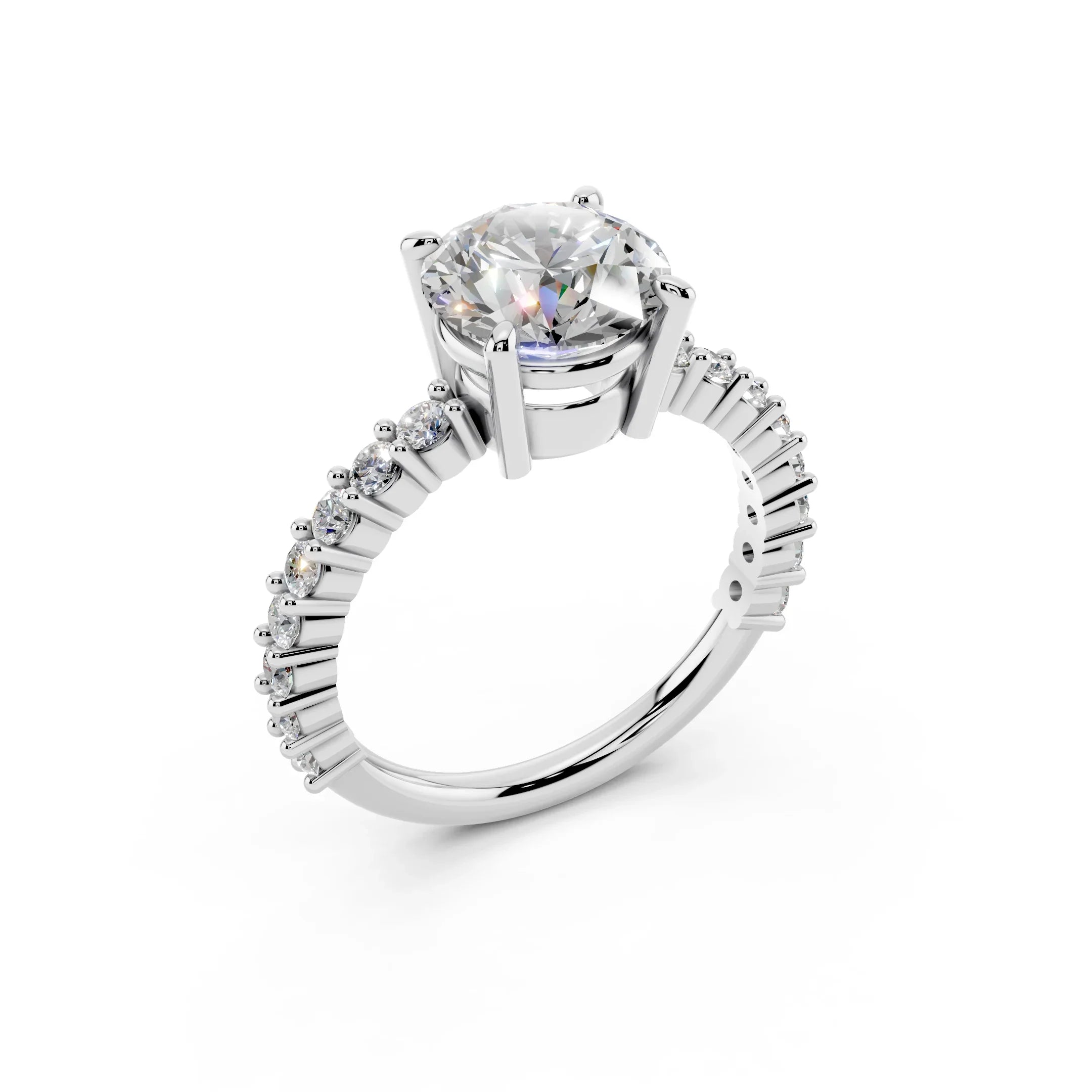 White gold engagement ring with round solitaire diamond and pavé diamond band