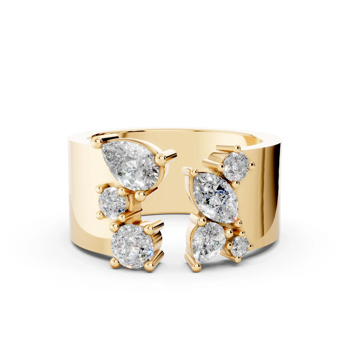 Wide gold band ring with multiple round, pear, and marquise diamonds in modern cluster setting