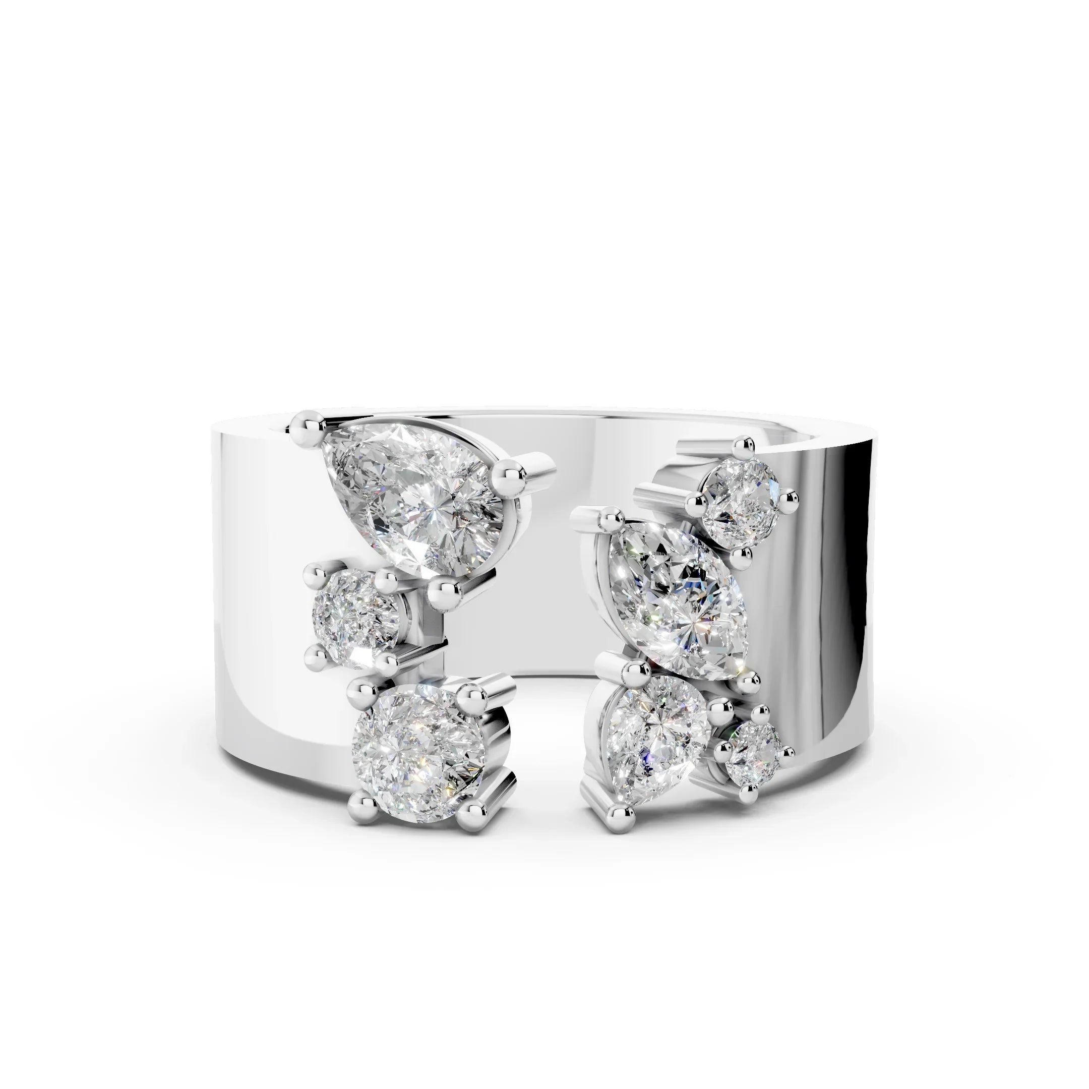 White gold wide band ring with assorted diamond shapes, modern cluster engagement ring