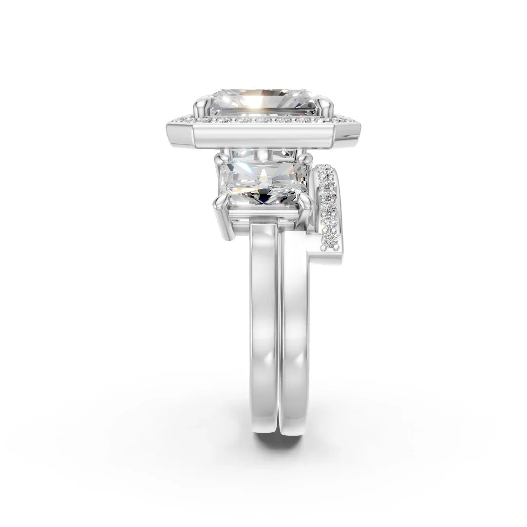Custom engagement ring with square diamond and halo setting, crafted in white gold.