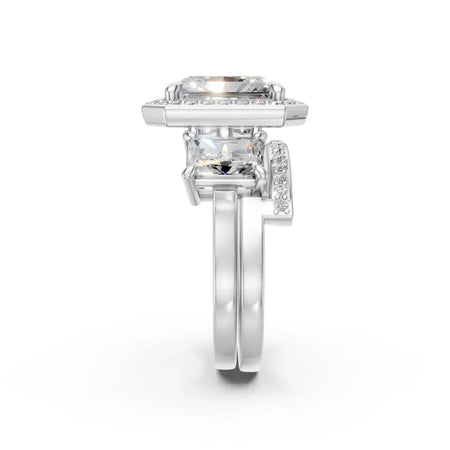 Custom engagement ring with square diamond and halo setting, crafted in white gold.