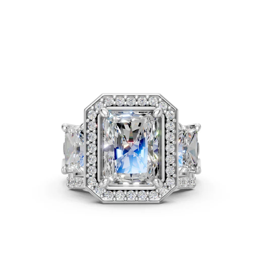 Elegant emerald-cut diamond engagement ring with halo and side stones, custom-made luxury jewelry