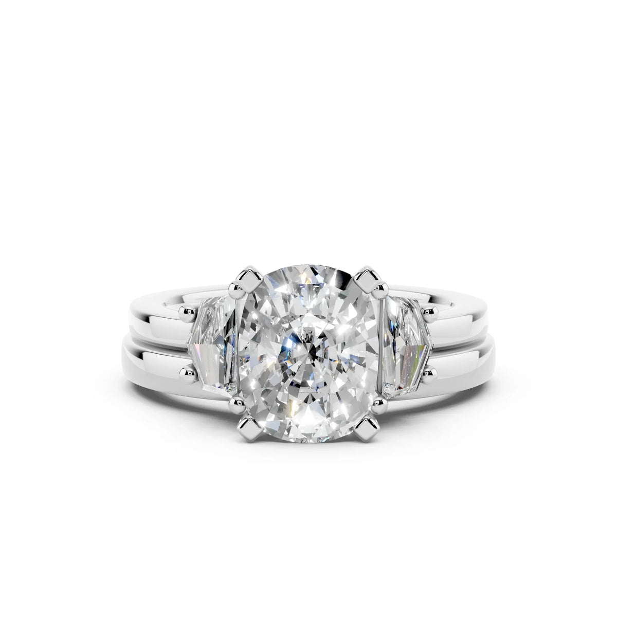 Oval diamond engagement ring with trillion side stones, white gold band, custom bridal jewelry
