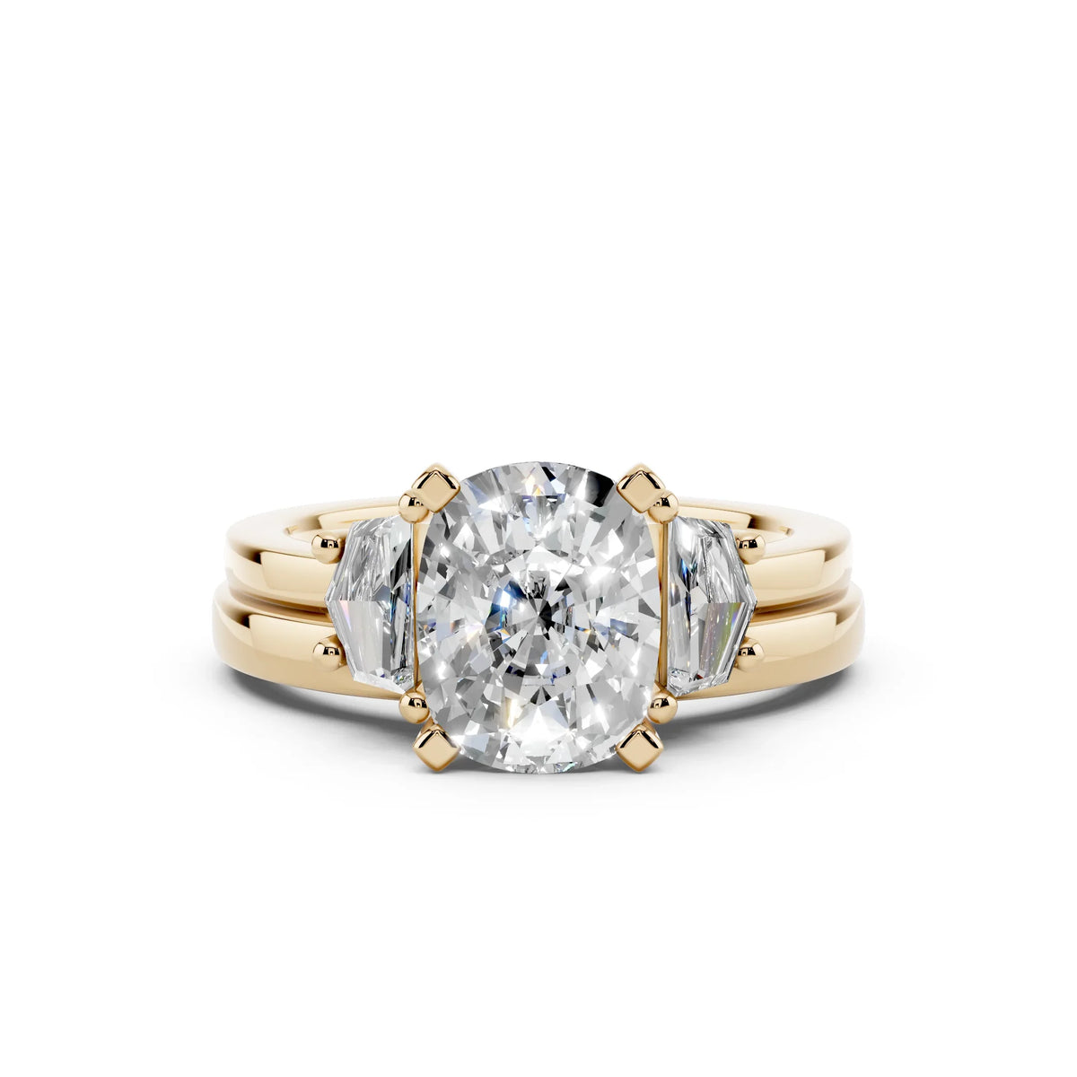 Oval diamond engagement ring with trillion side stones in yellow gold, custom made-to-order jewelry