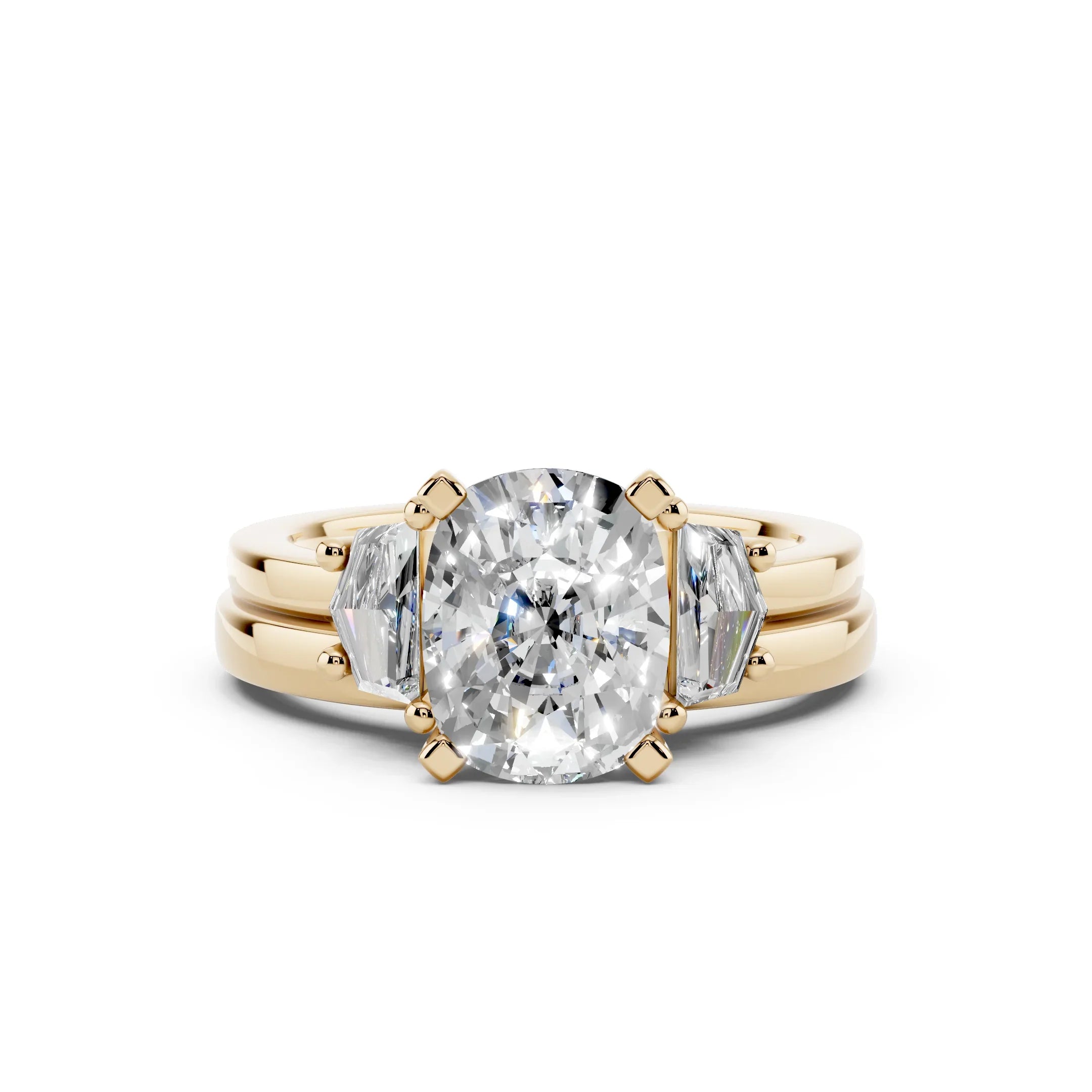 Oval diamond engagement ring with trillion side stones in yellow gold, custom made-to-order jewelry