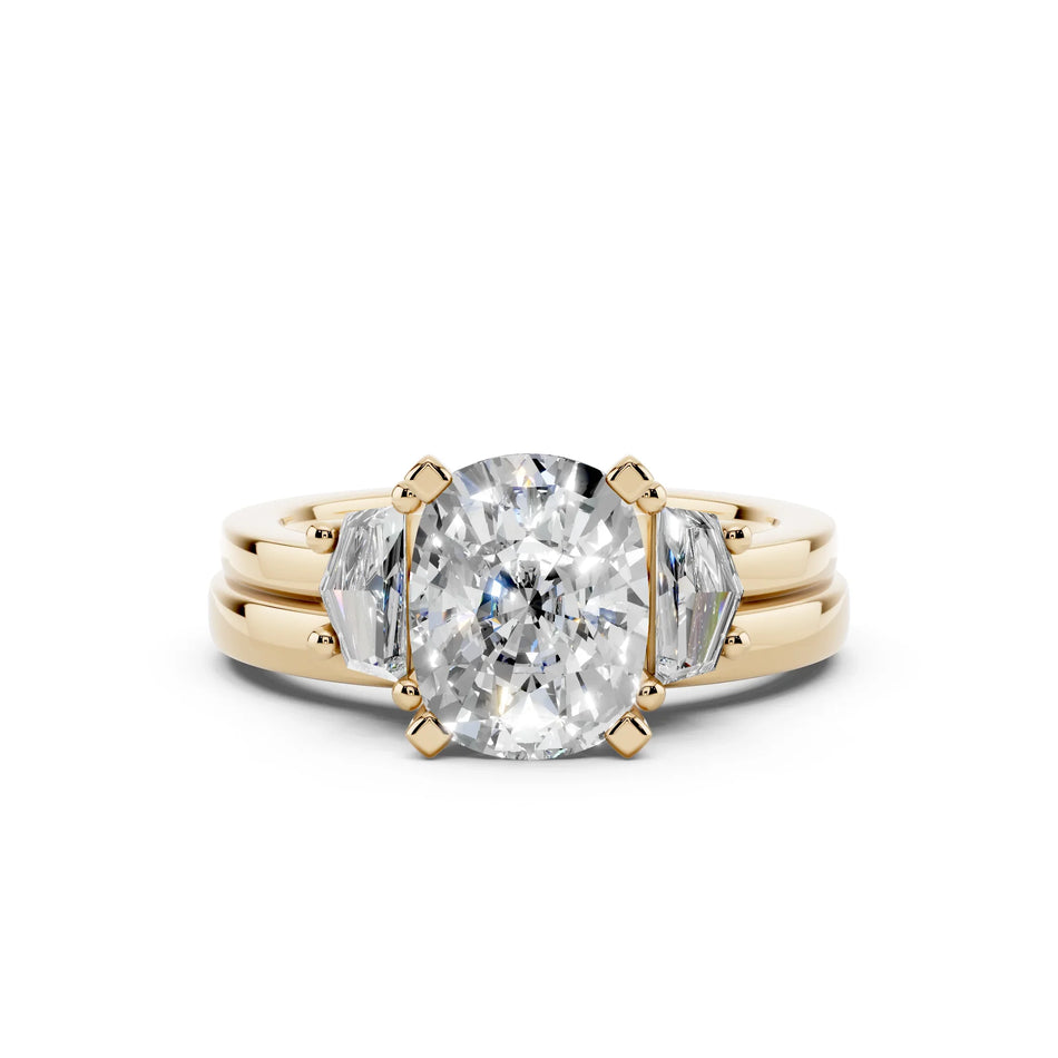 Oval diamond engagement ring with trillion side stones in yellow gold, custom made-to-order jewelry