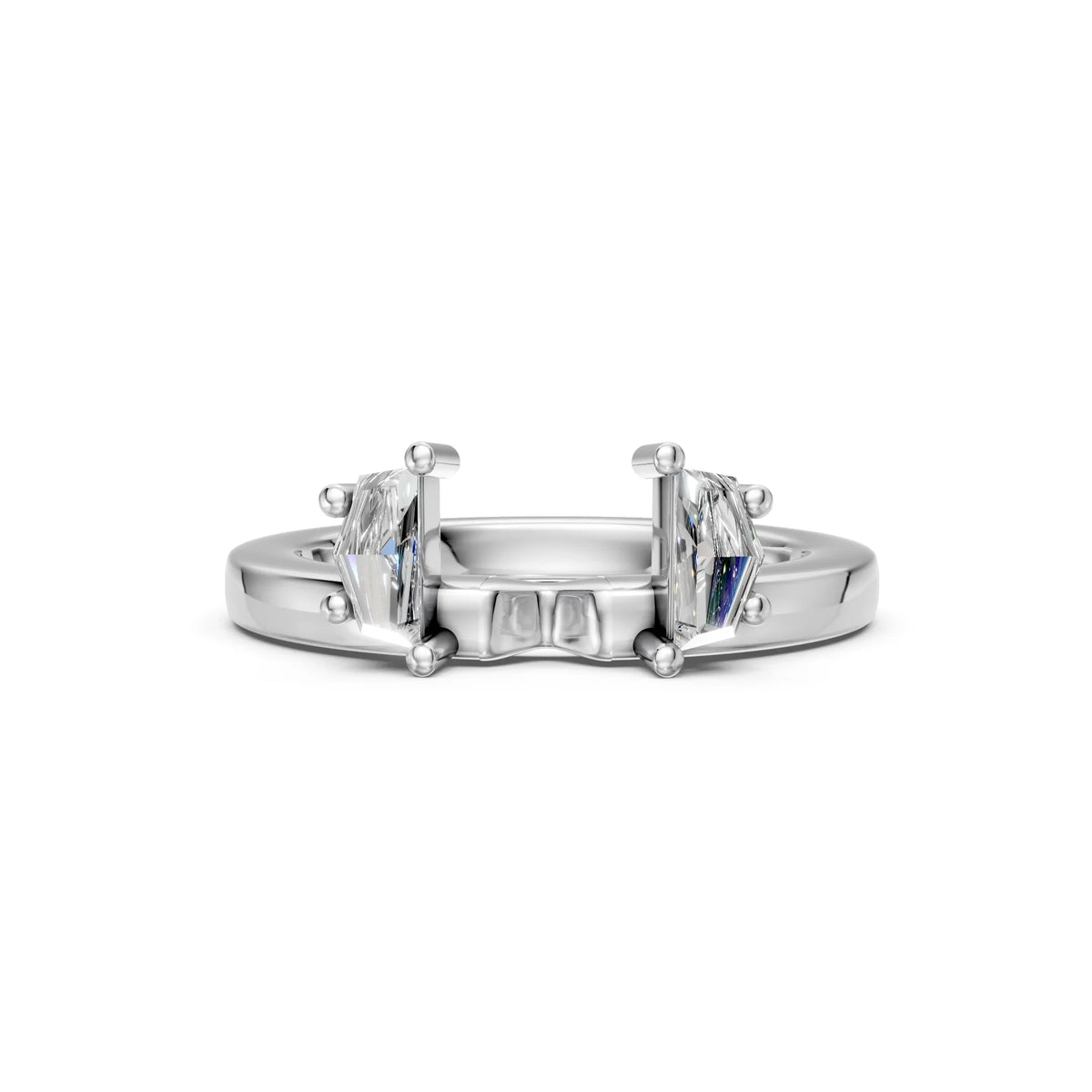 Custom engagement ring with two emerald-cut diamonds in a sleek white gold setting, perfect for bespoke jewelry designs.