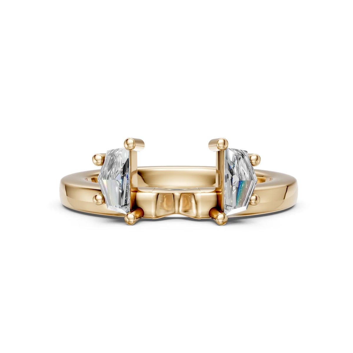 Yellow gold engagement ring with two asscher-cut diamonds in a modern tension setting