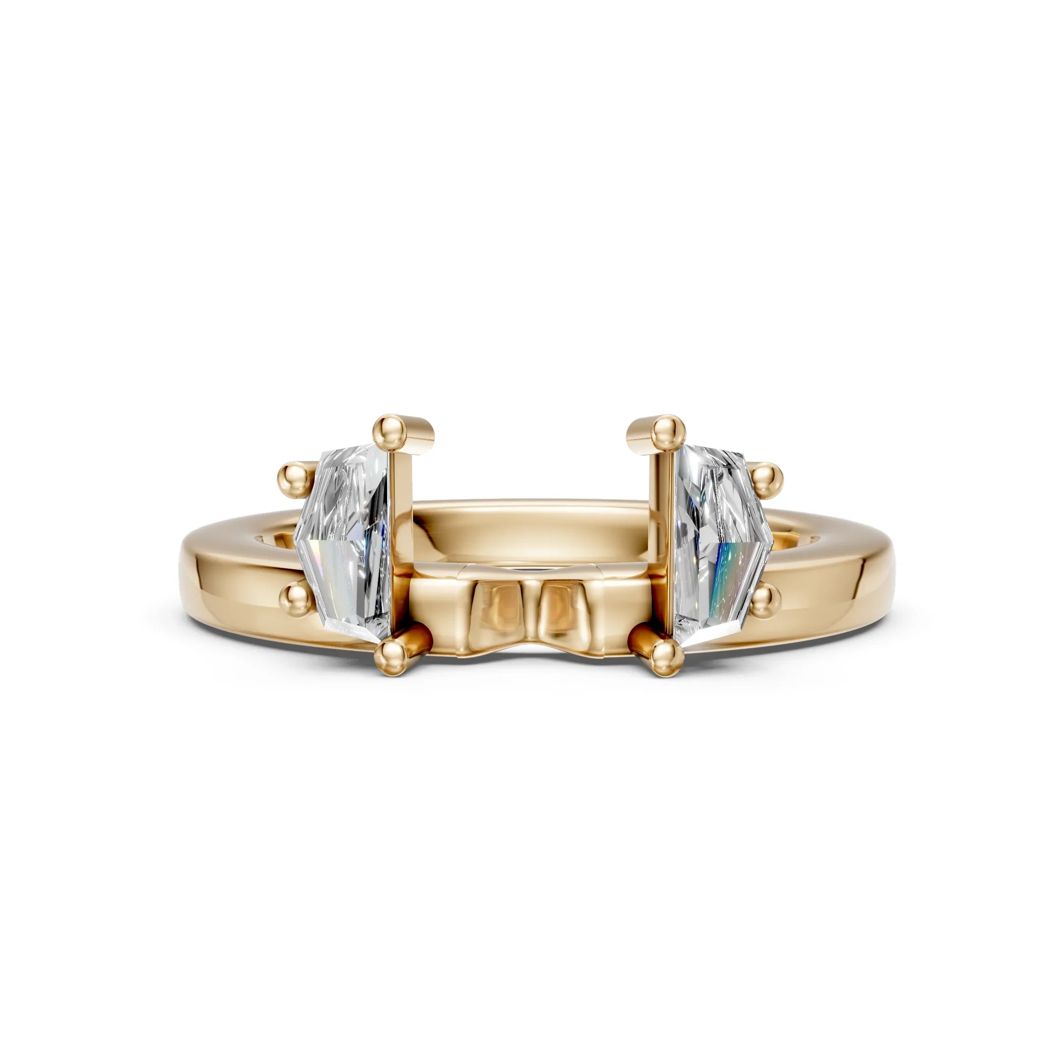Yellow gold engagement ring with two asscher-cut diamonds in a modern tension setting
