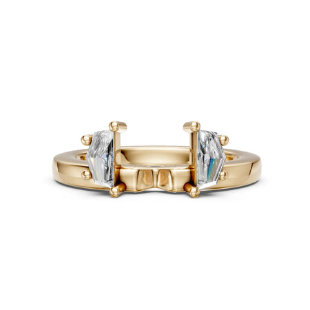 Yellow gold engagement ring with two asscher-cut diamonds in a modern tension setting
