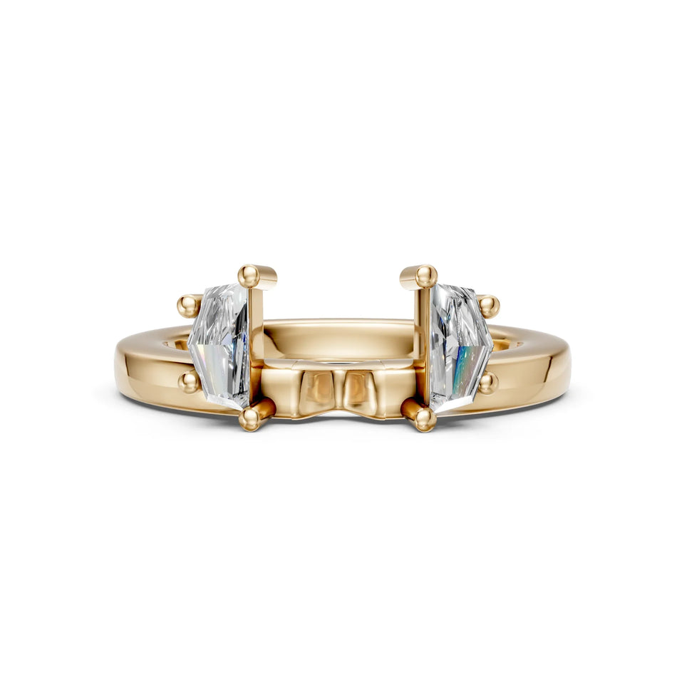 Yellow gold engagement ring with two asscher-cut diamonds in a modern tension setting