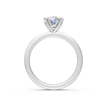 Solitaire engagement ring with round diamond in four-prong setting, white gold band