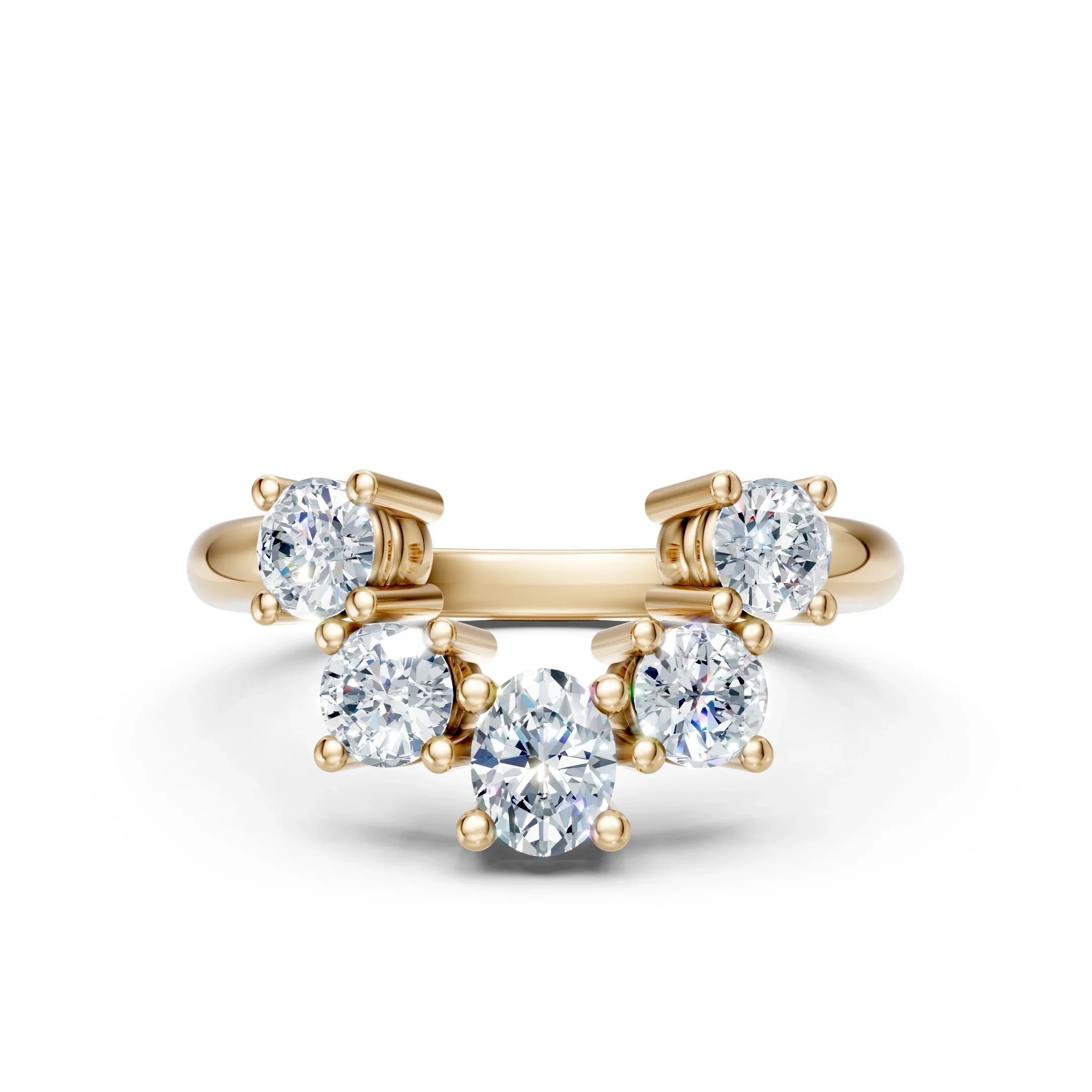Yellow gold engagement ring with five round diamonds, custom made-to-order jewelry