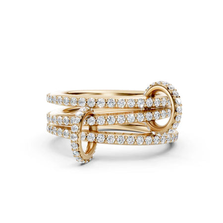 Elegant gold engagement ring with diamond pavé and intertwined design