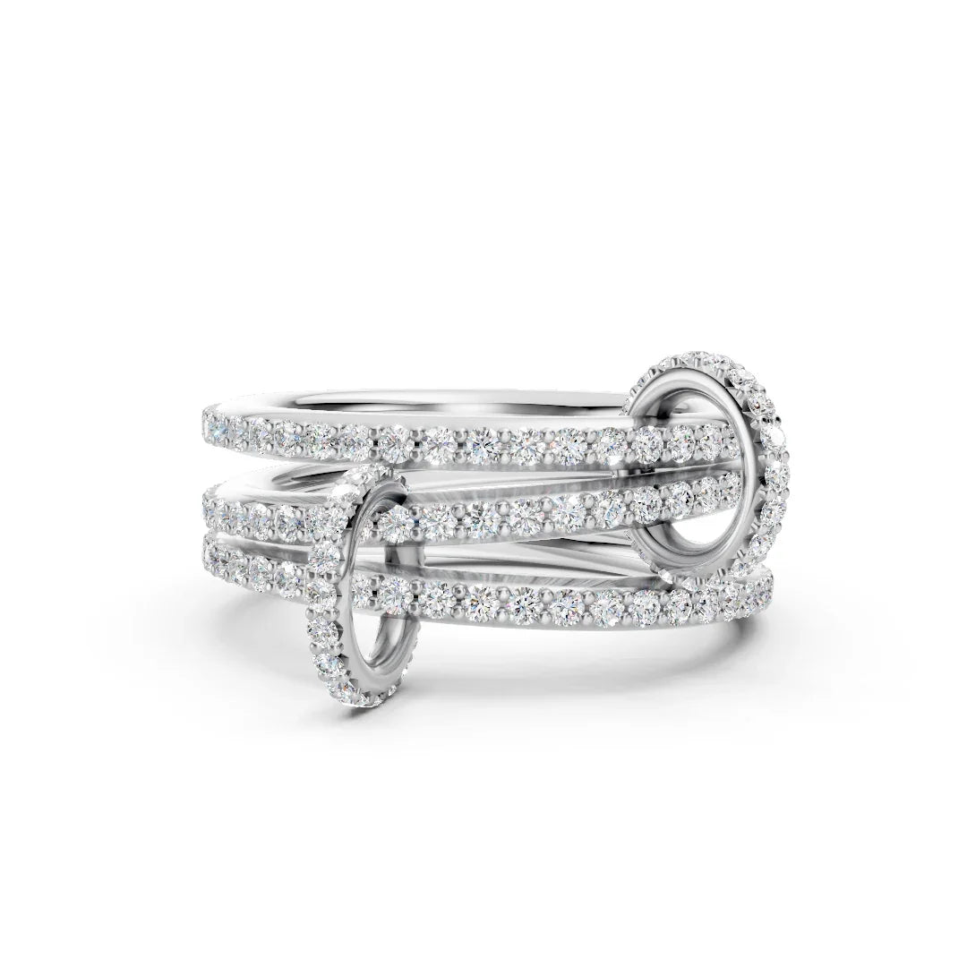 Elegant diamond engagement ring with intertwined bands and sparkling pavé setting