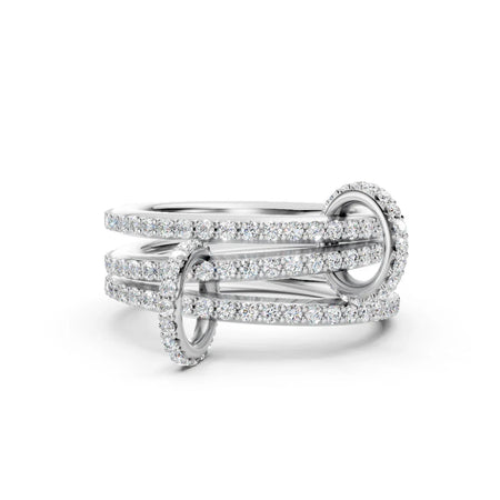 Elegant diamond engagement ring with intertwined bands and sparkling pavé setting