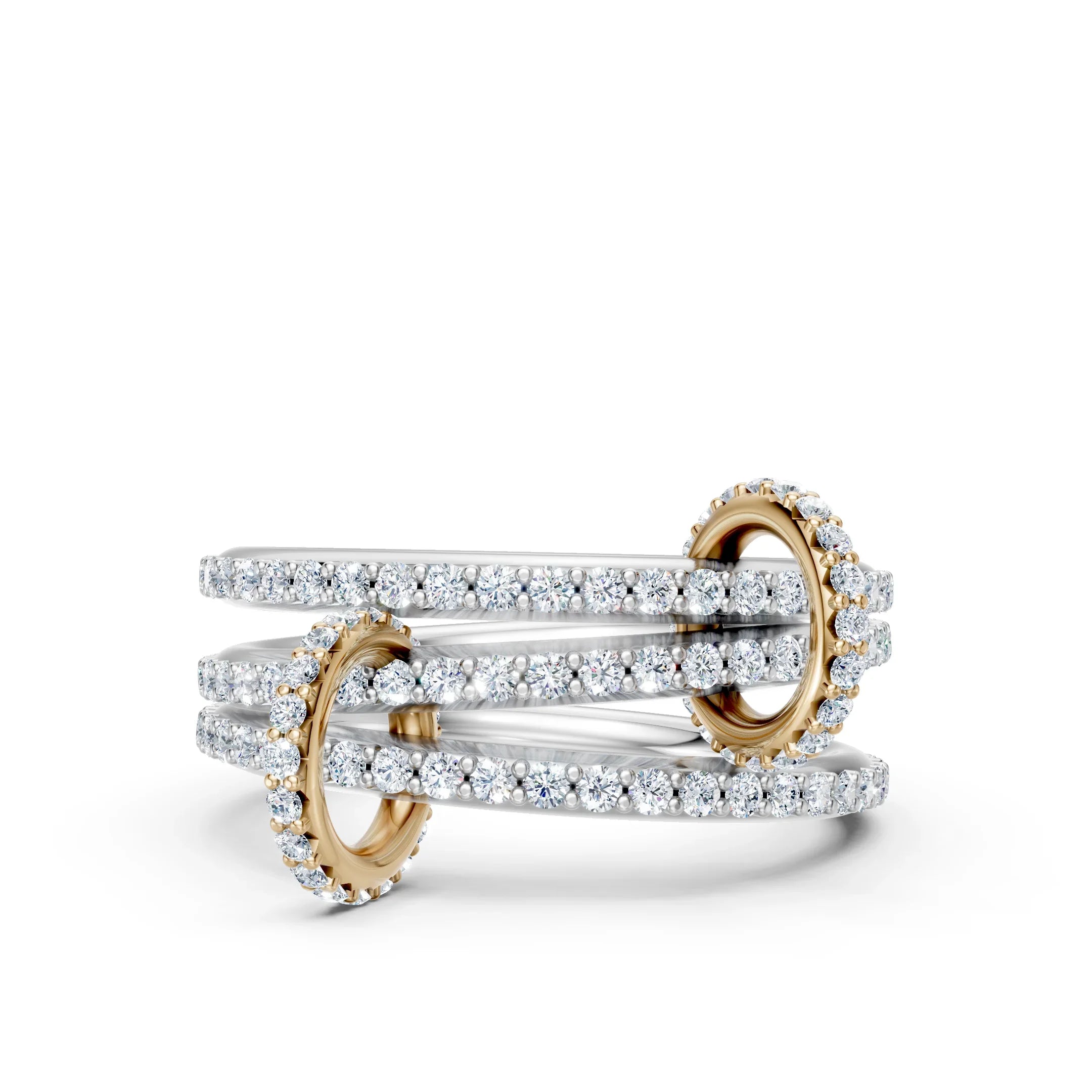 Elegant diamond engagement ring set with intertwined gold and white bands, perfect for custom wedding jewelry.