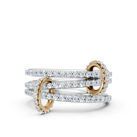 Elegant diamond engagement ring set with intertwined gold and white bands, perfect for custom wedding jewelry.