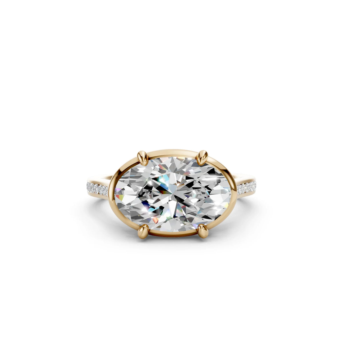Oval diamond engagement ring in gold with diamond accents, custom made-to-order jewelry