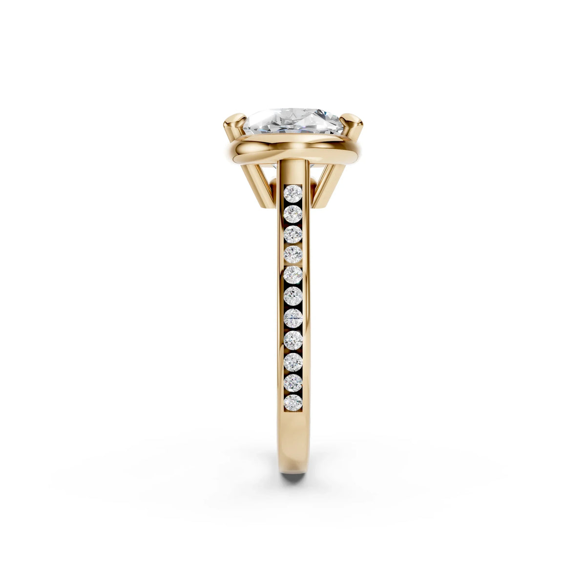 Yellow gold engagement ring with round diamond center and channel-set side stones