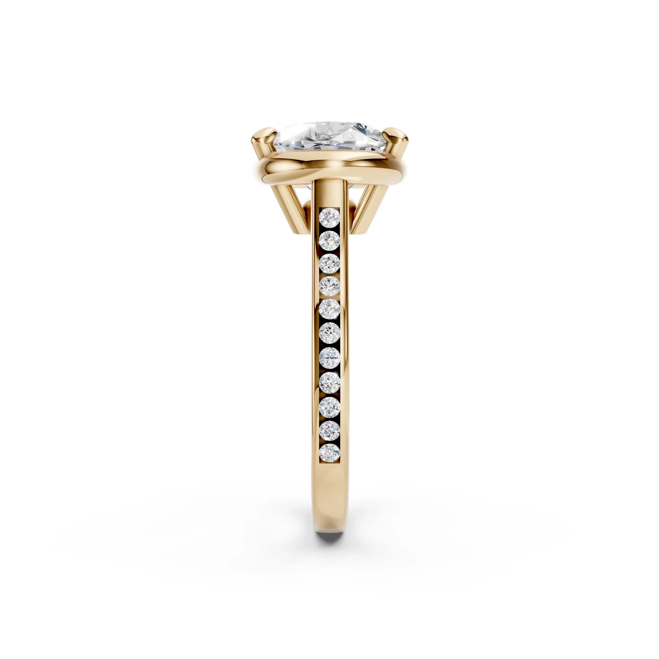 Yellow gold engagement ring with round diamond center and channel-set side stones
