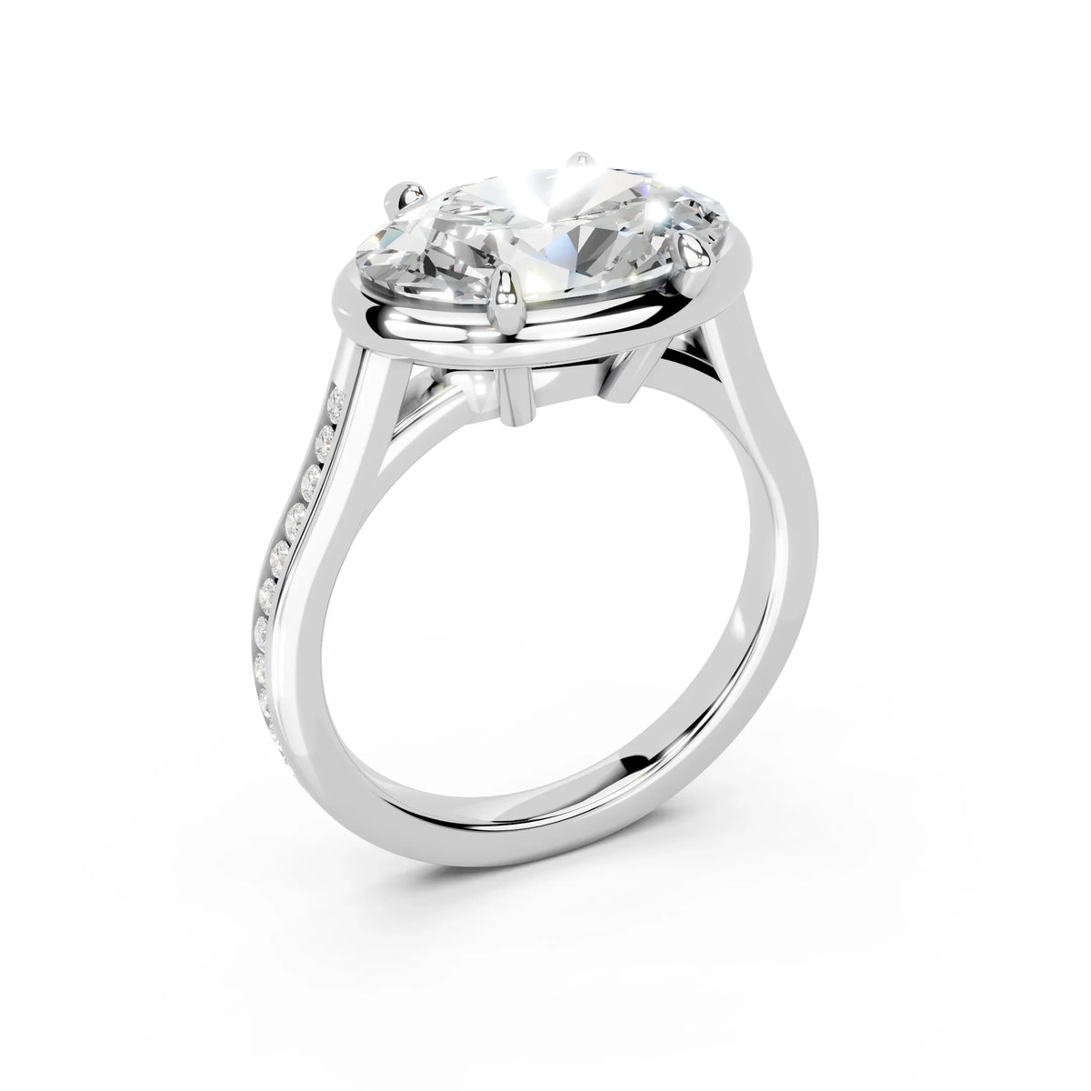 Oval diamond engagement ring with pave band, custom made-to-order jewelry