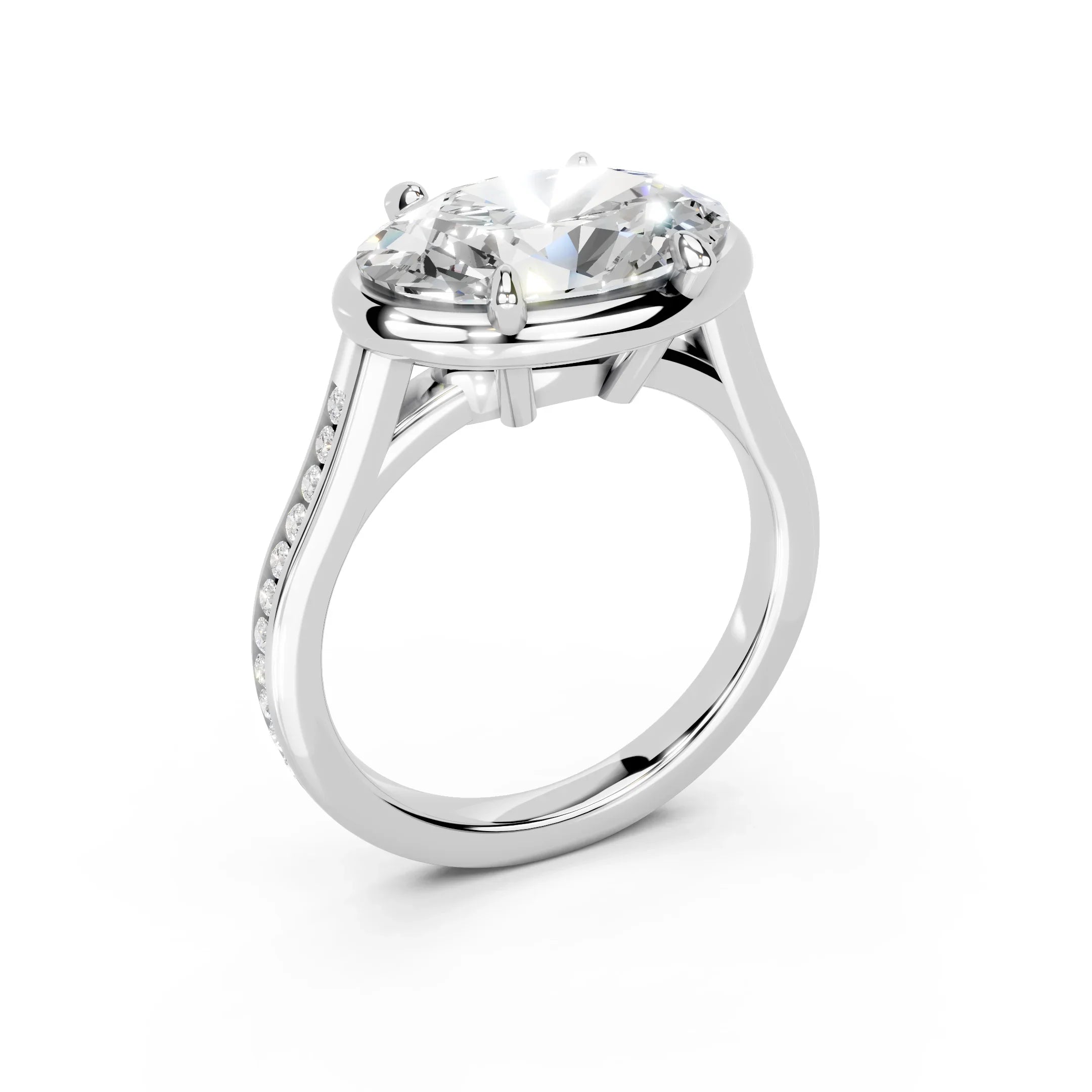 Oval diamond engagement ring with pave band, custom made-to-order jewelry