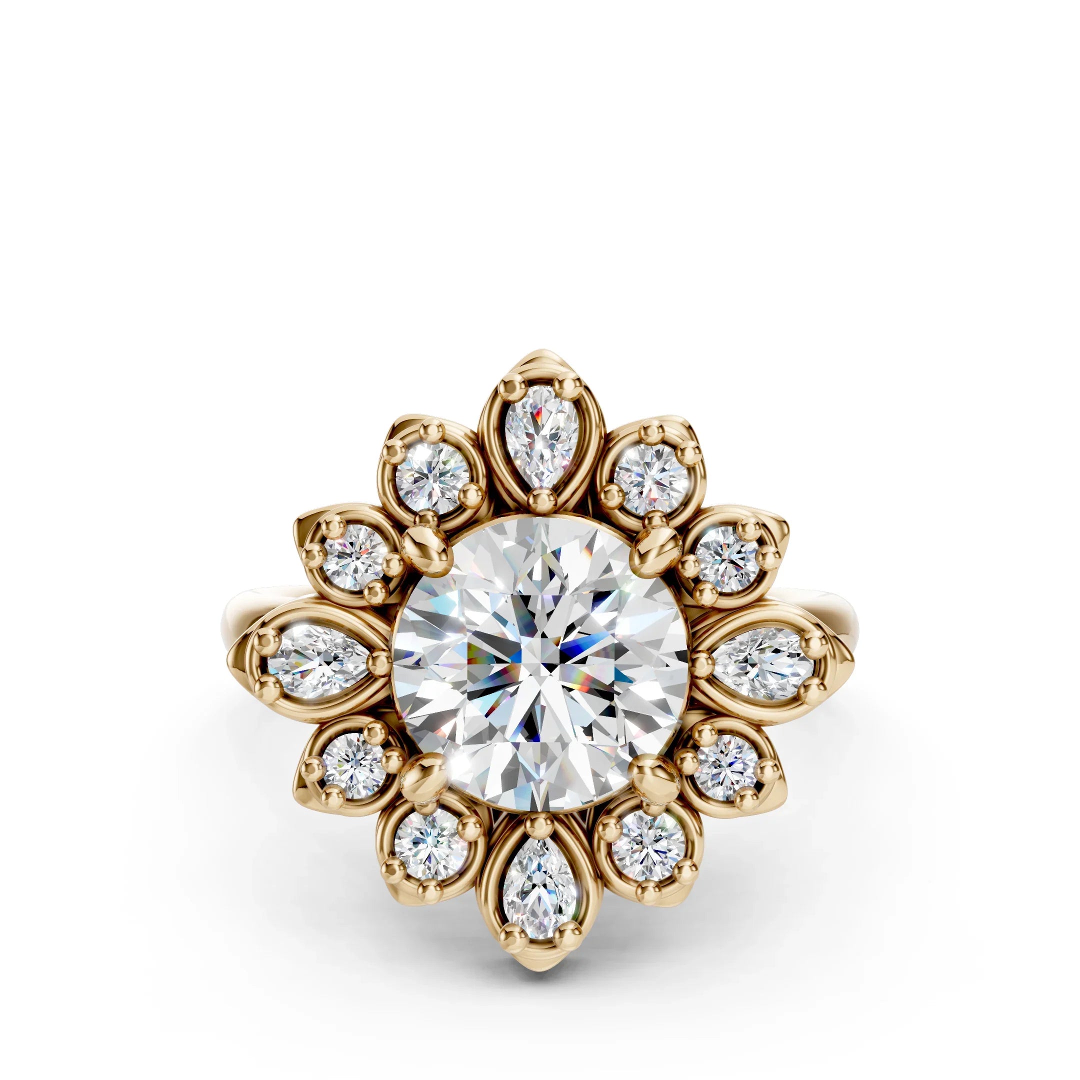 Custom engagement ring with floral diamond halo in gold setting