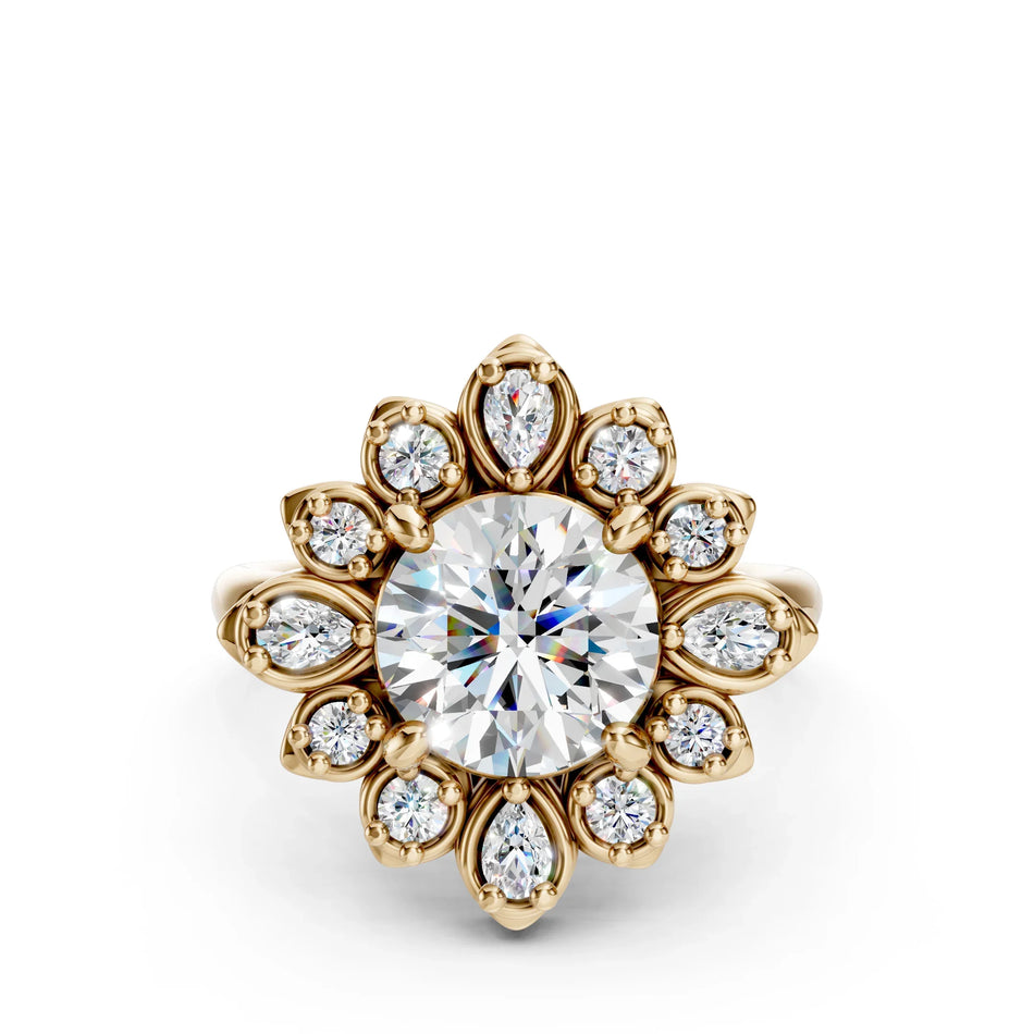 Custom engagement ring with floral diamond halo in gold setting