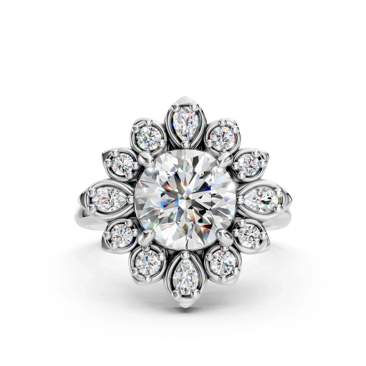 Floral halo engagement ring with round center diamond and pear-shaped accents, custom jewelry design