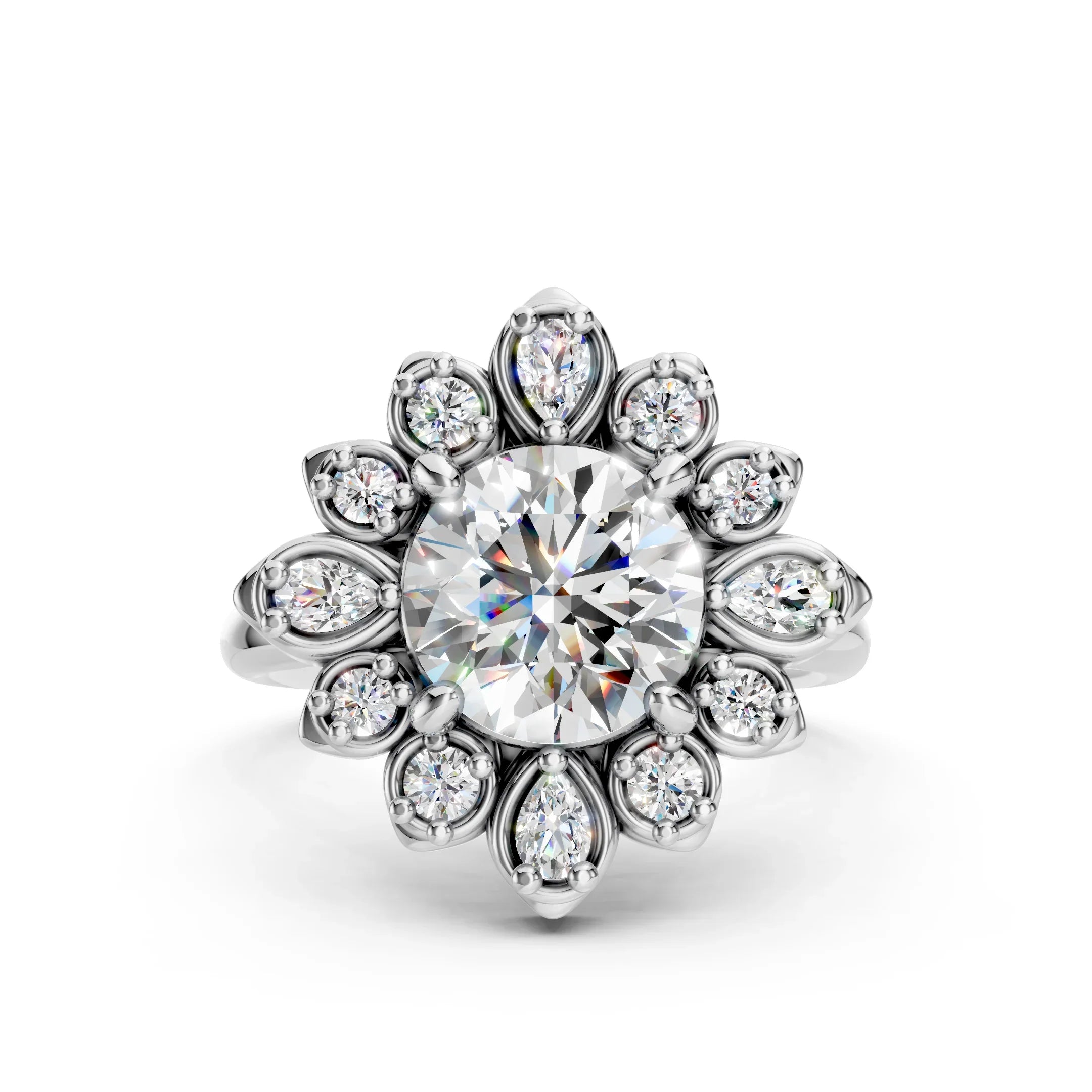 Floral halo engagement ring with round center diamond and pear-shaped accents, custom jewelry design