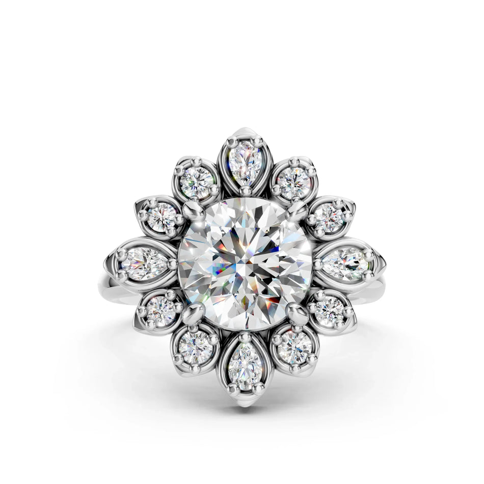 Floral halo engagement ring with round center diamond and pear-shaped accents, custom jewelry design