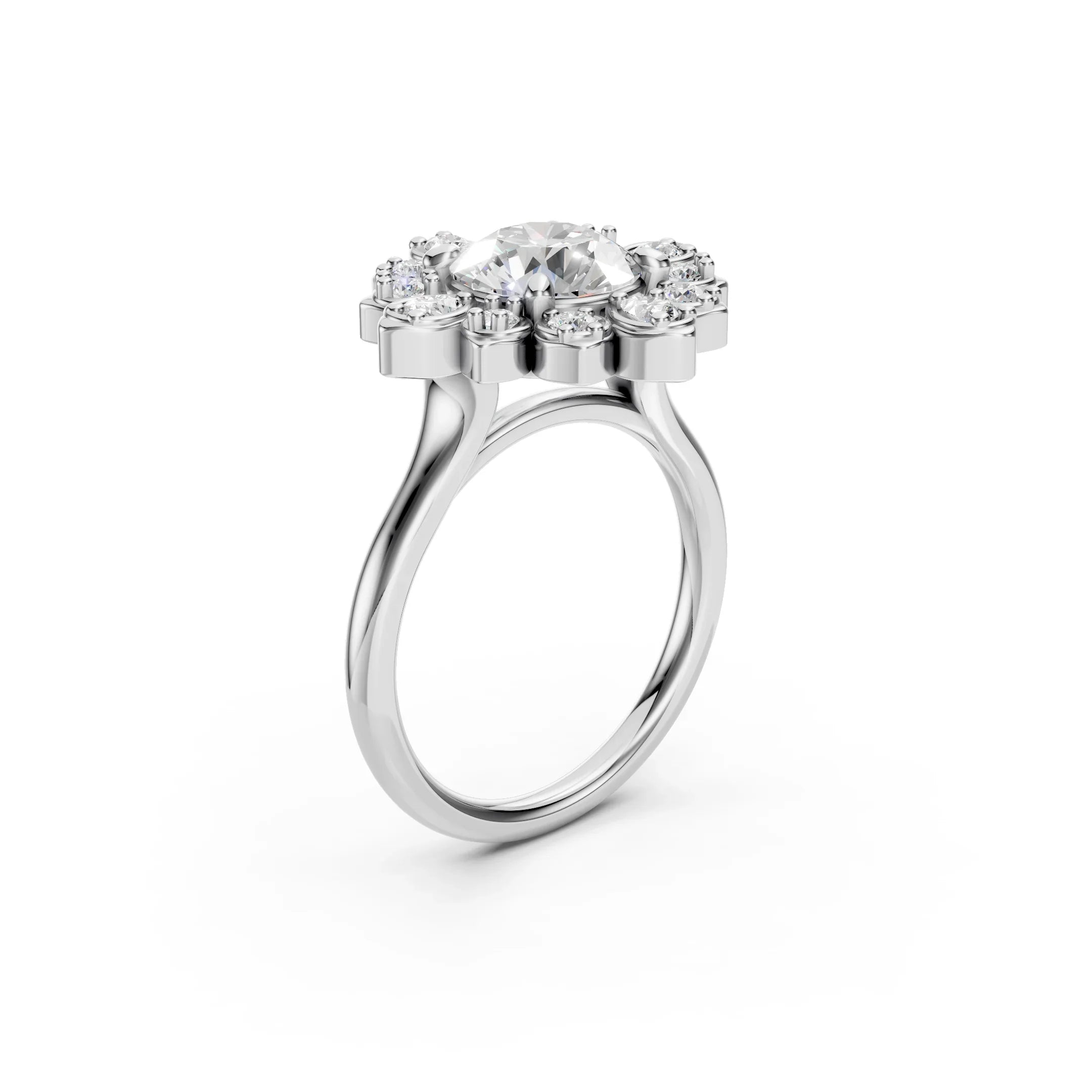 Elegant custom engagement ring with central diamond and halo design