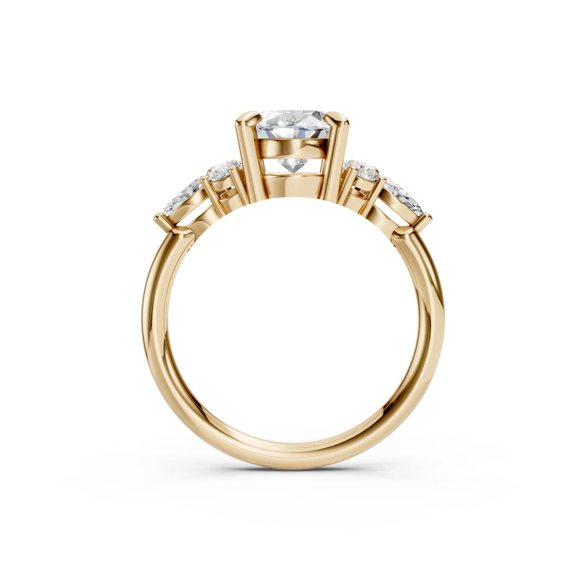 Yellow gold engagement ring with round center diamond and side accents, custom made-to-order design
