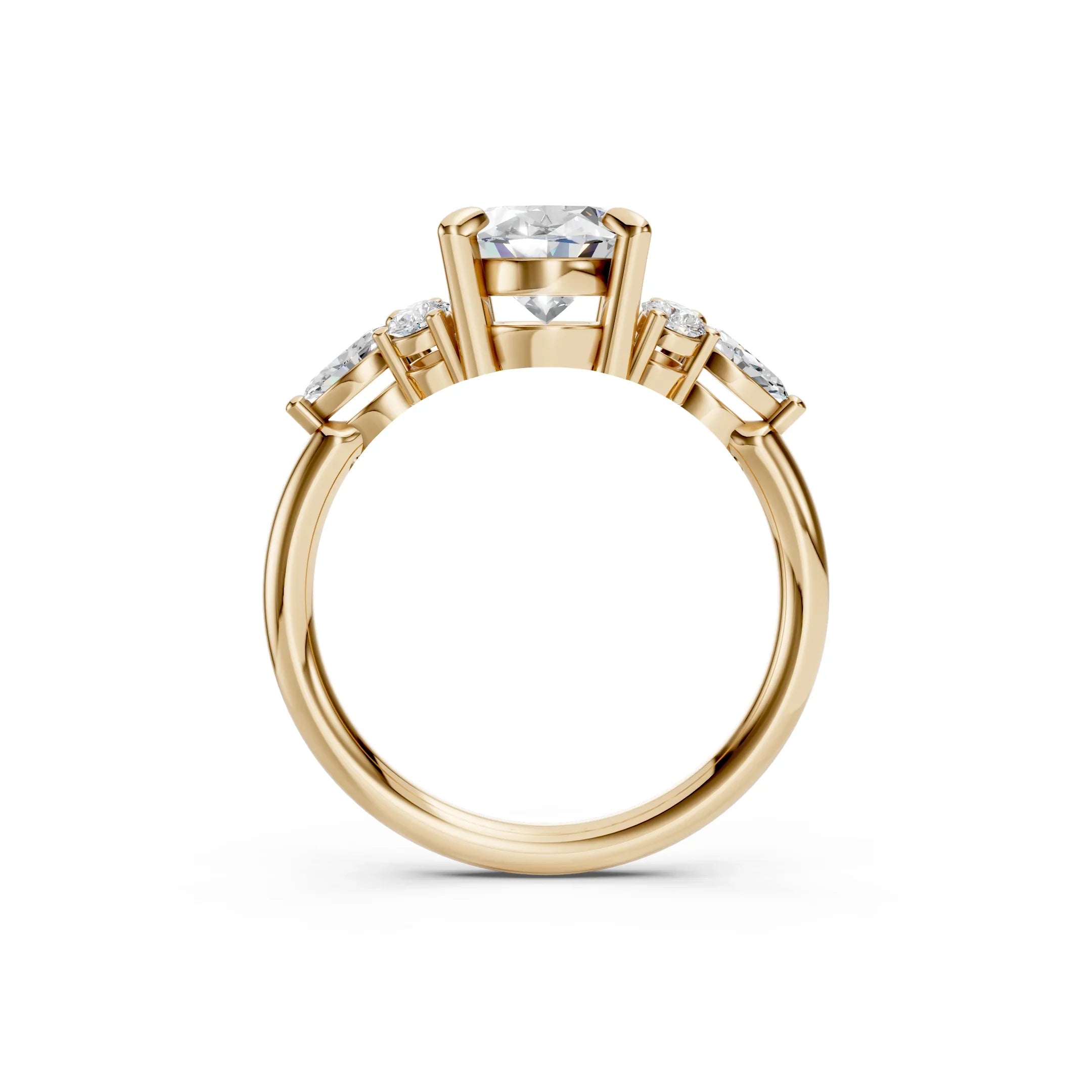 Yellow gold engagement ring with round center diamond and side accents, custom made-to-order design