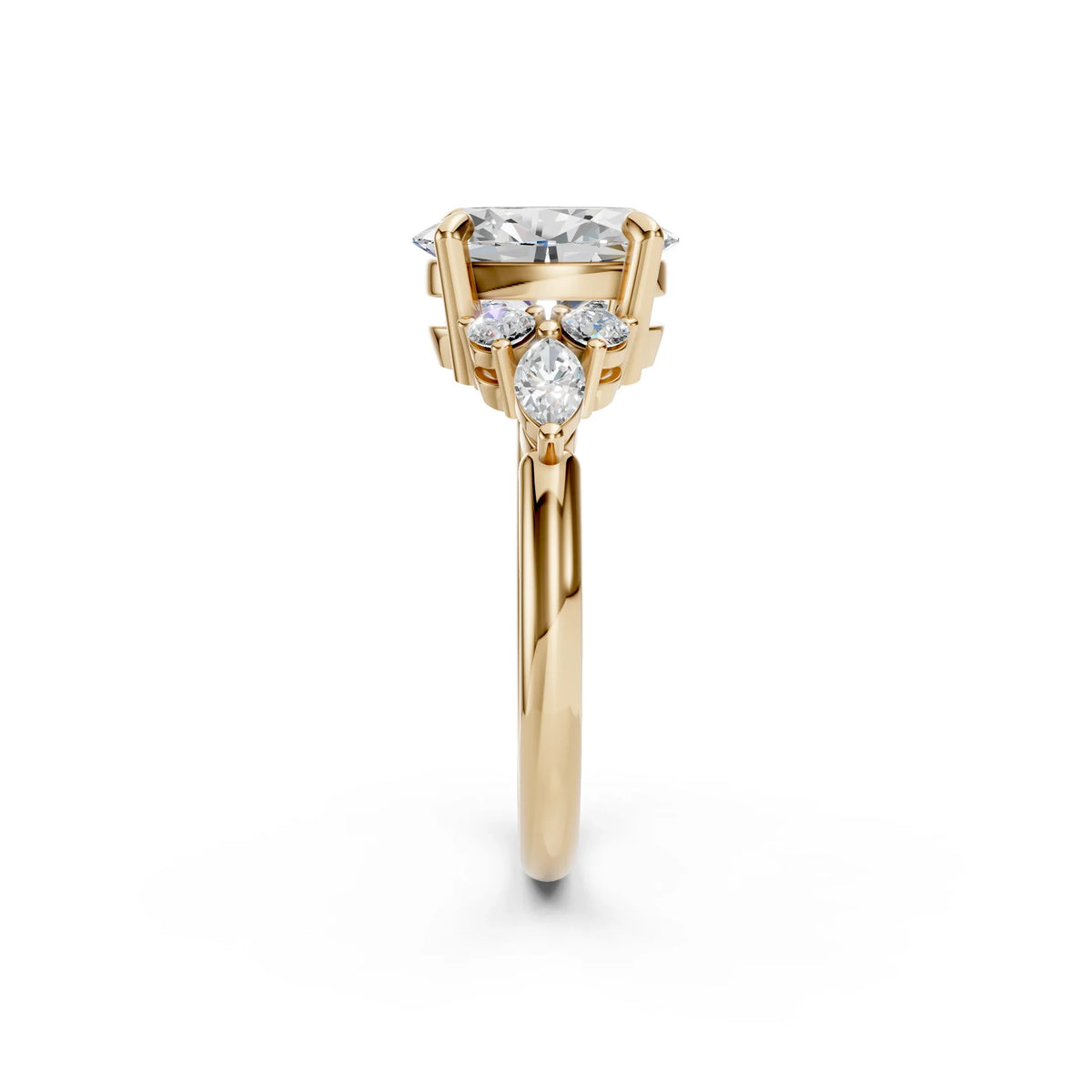 Elegant gold engagement ring with a large central diamond and side accents, perfect for custom designs.
