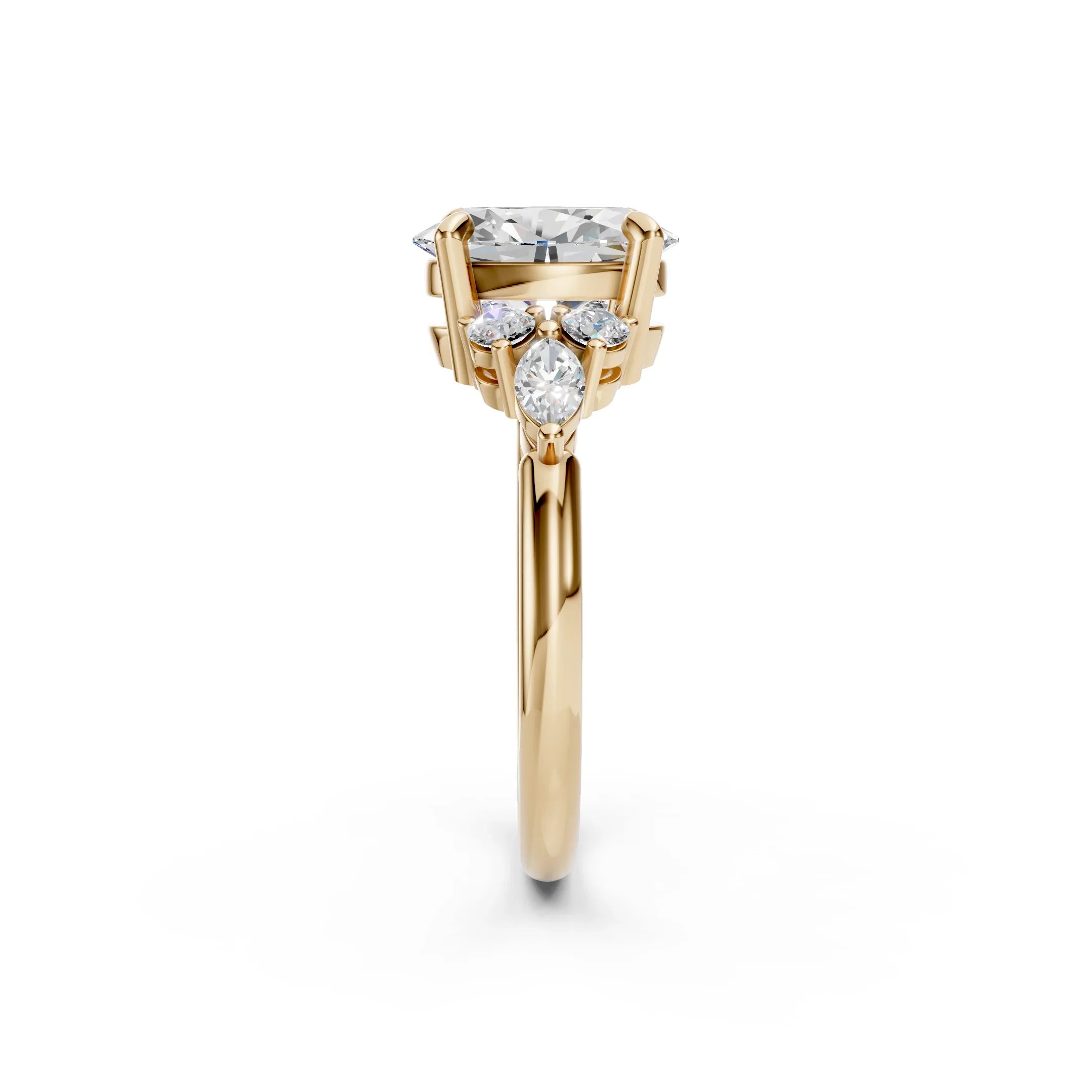 Elegant gold engagement ring with a large central diamond and side accents, perfect for custom designs.