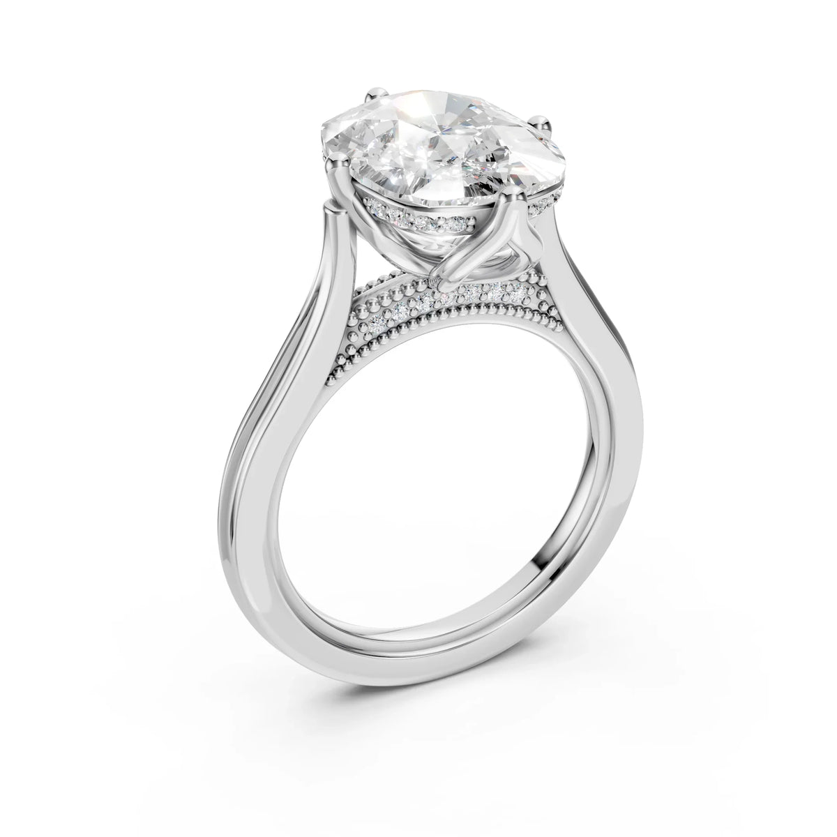 Custom oval diamond engagement ring with halo and pave band, made-to-order luxury jewelry