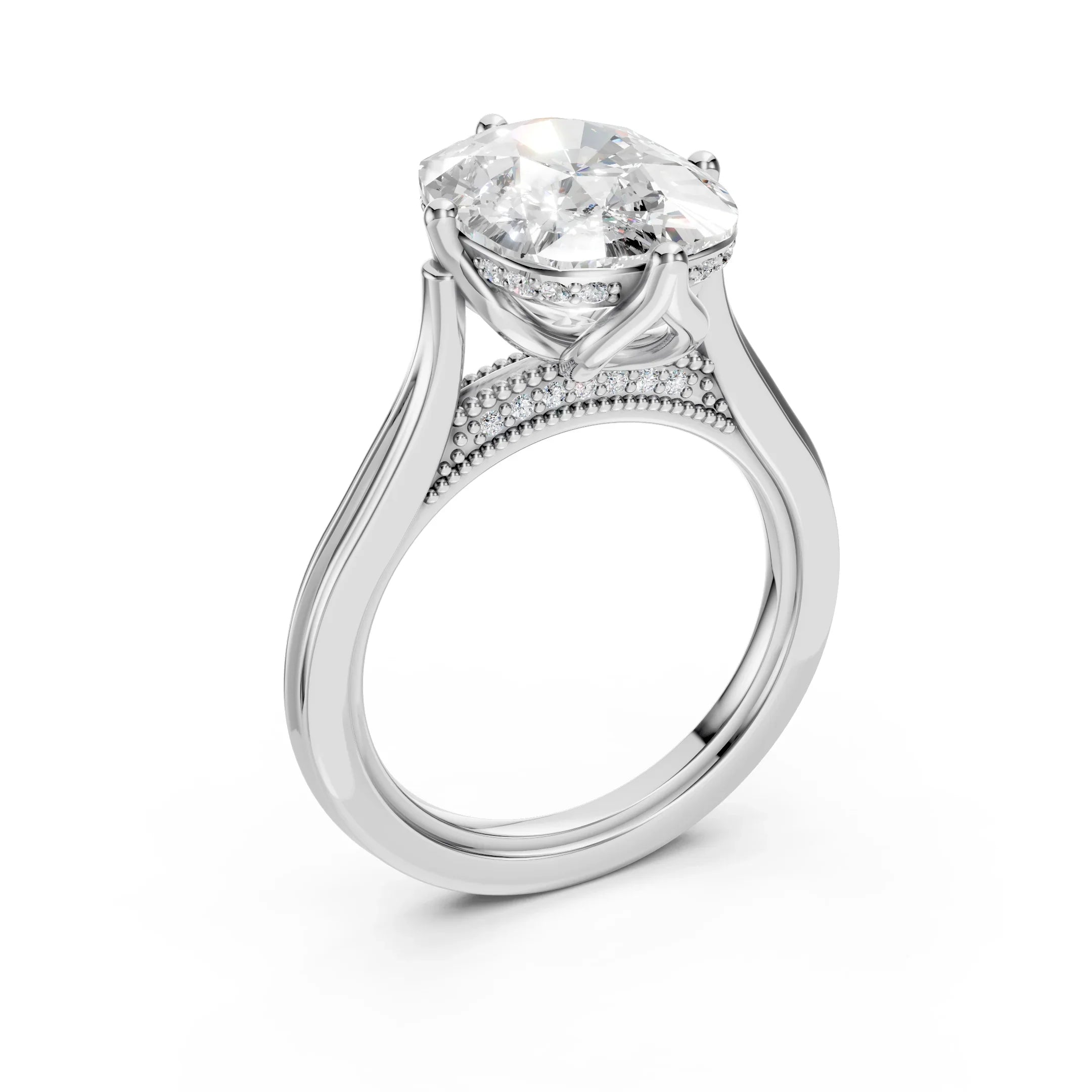 Custom oval diamond engagement ring with halo and pave band, made-to-order luxury jewelry