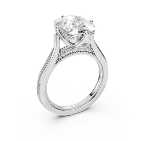 Custom oval diamond engagement ring with halo and pave band, made-to-order luxury jewelry