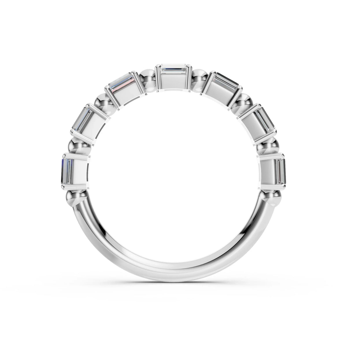 White gold eternity band ring featuring a row of baguette-cut diamonds