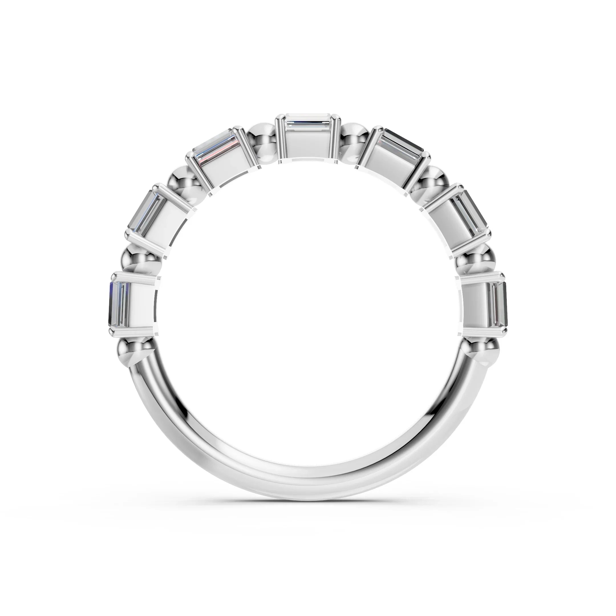 White gold eternity band ring featuring a row of baguette-cut diamonds