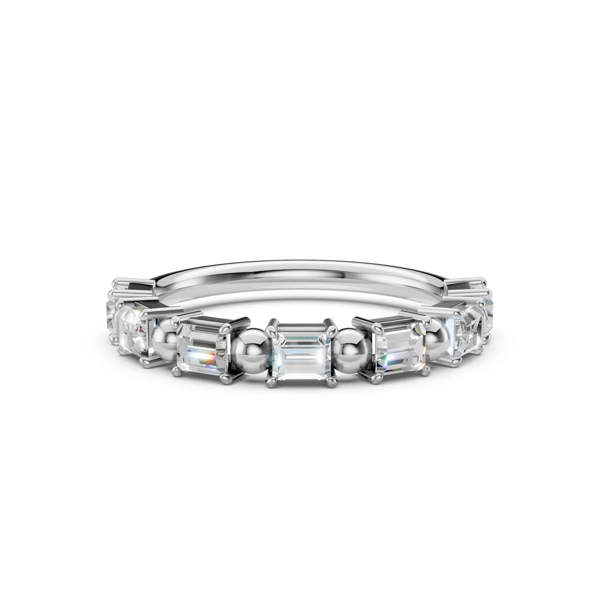 Silver wedding band featuring a row of emerald-cut diamonds with spherical accents