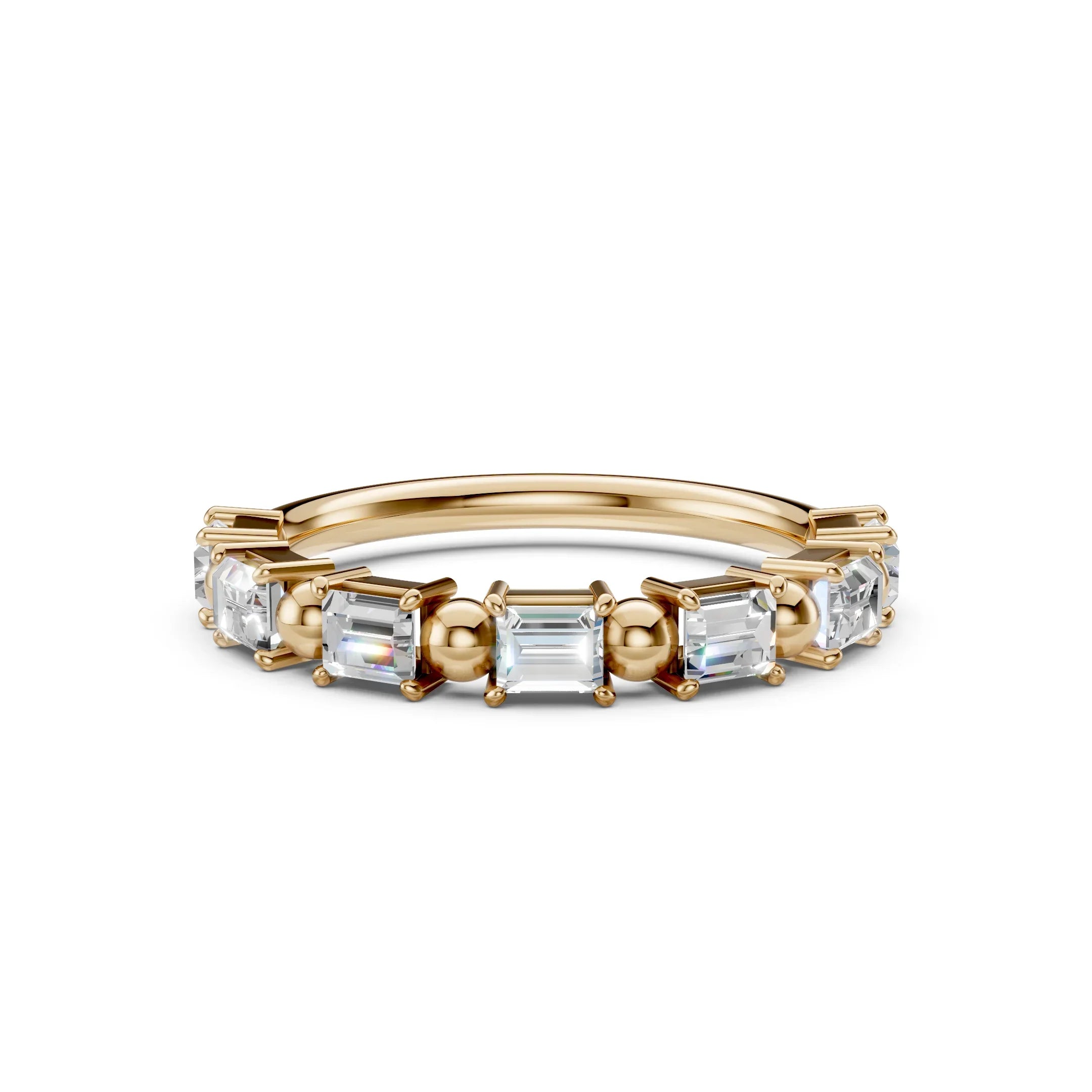 Yellow gold wedding band with emerald-cut diamonds and gold bead accents