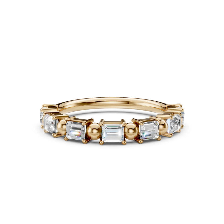 Yellow gold wedding band with emerald-cut diamonds and gold bead accents