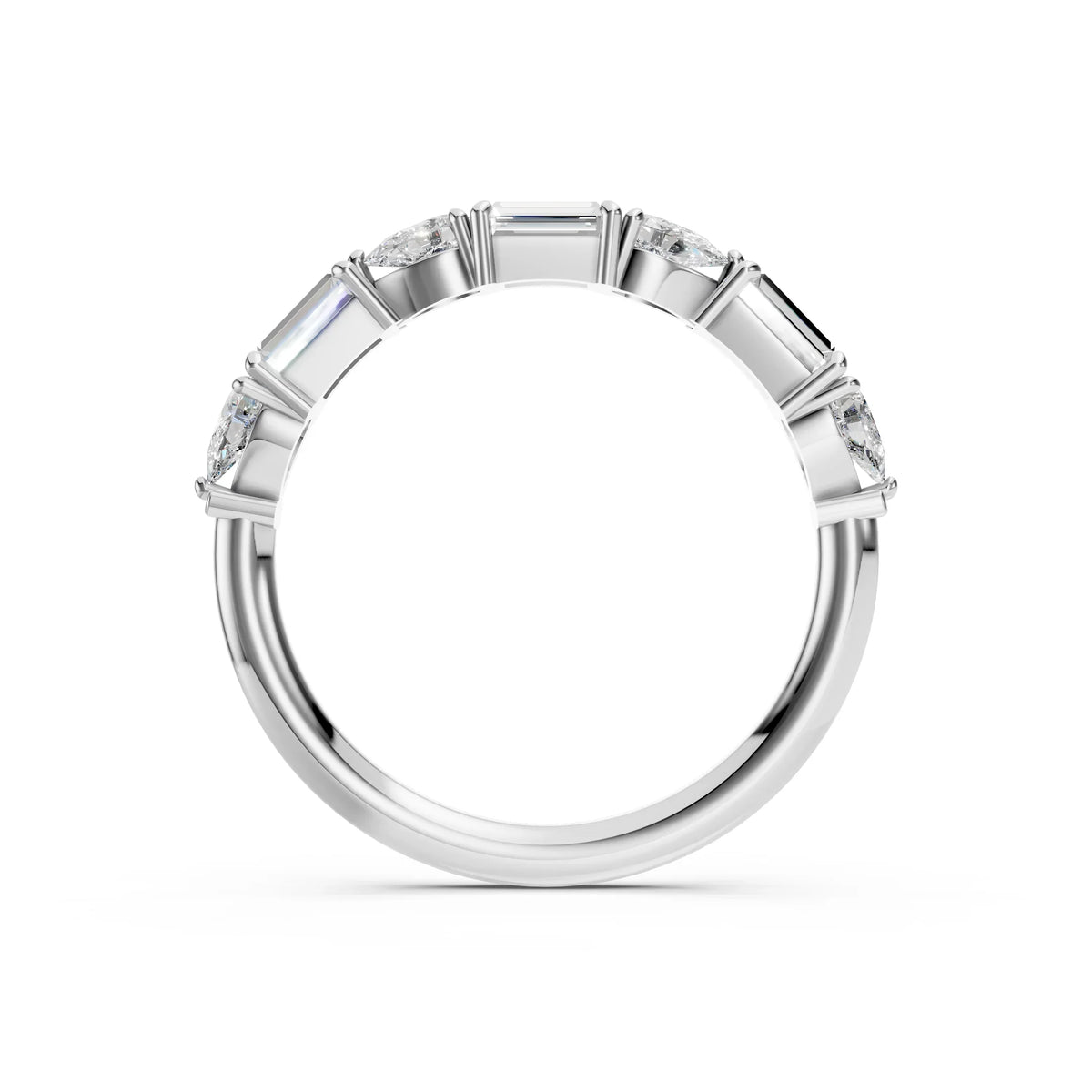 Silver wedding band with alternating baguette and round cut diamonds